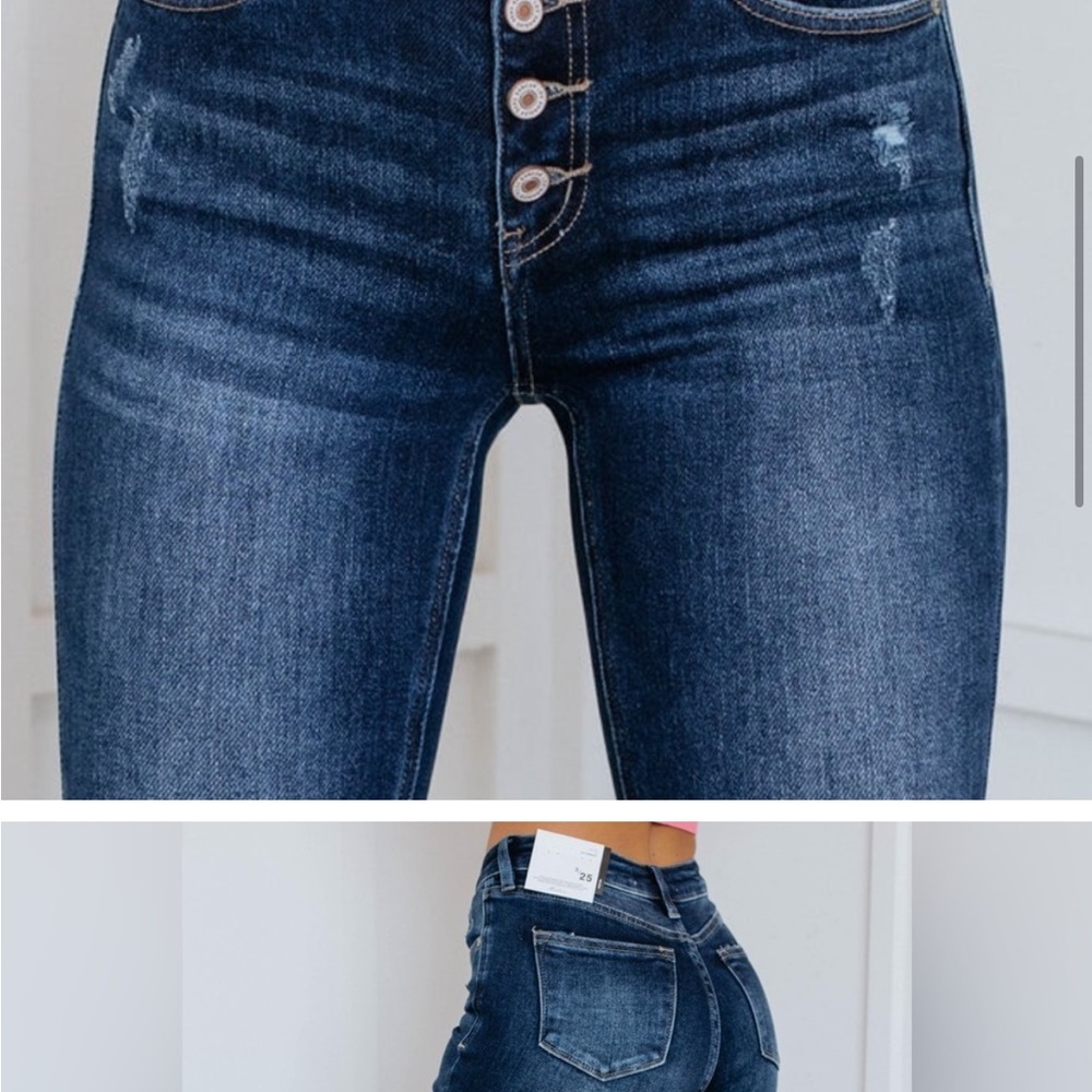 KanCan Petite Dark Wash Button Fly Flare Leg Jeans New Short Inseam 32” New